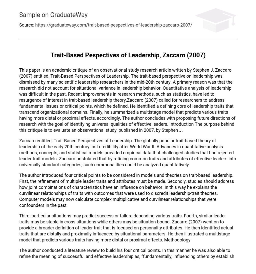 Trait-Based Pespectives of Leadership, Zaccaro (2007)