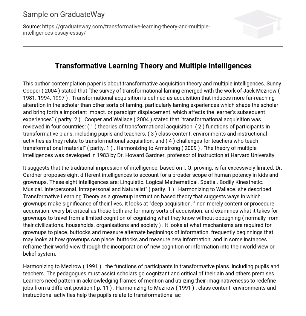 Transformative Learning Theory and Multiple Intelligences