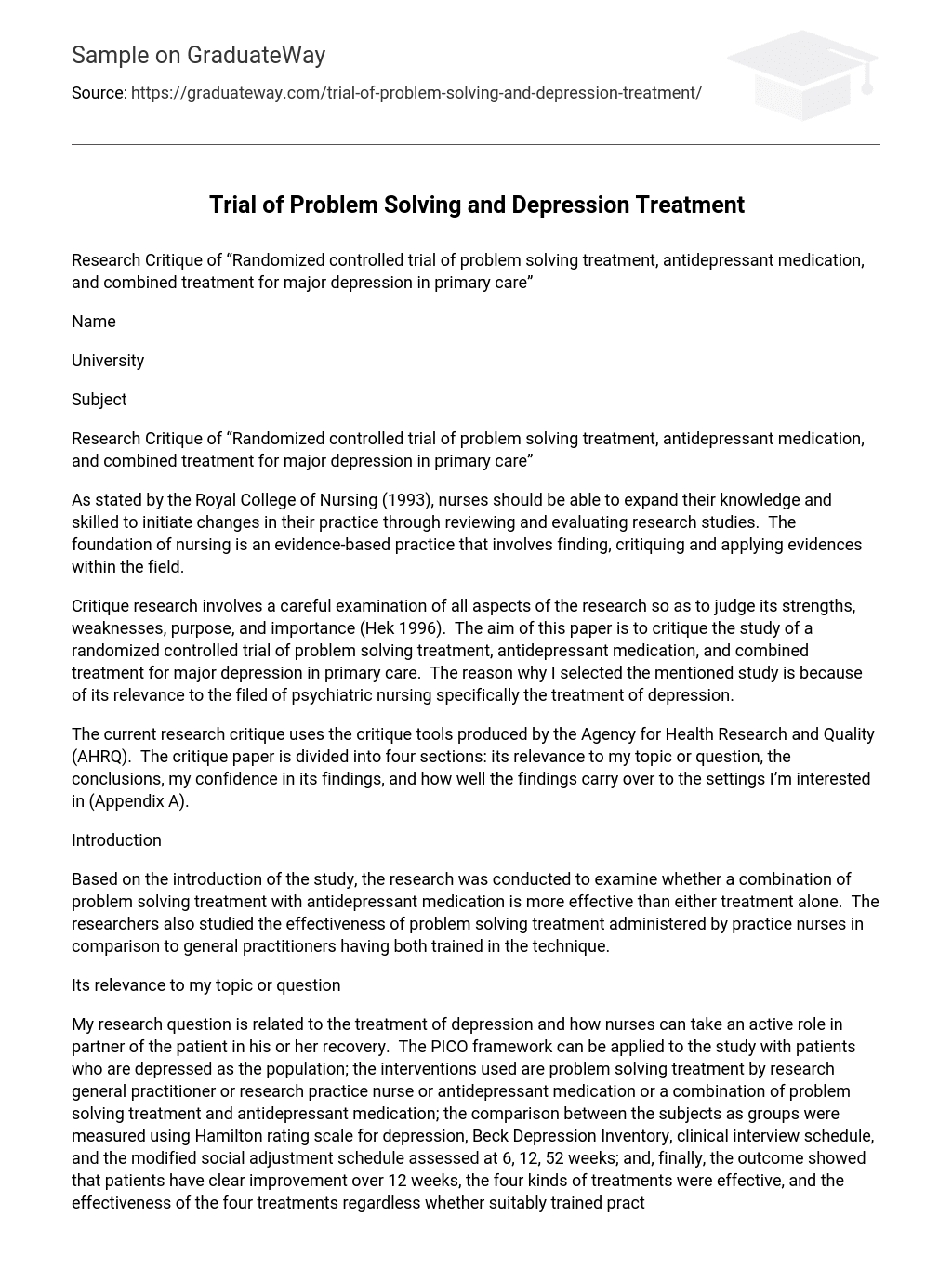 Trial of Problem Solving and Depression Treatment
