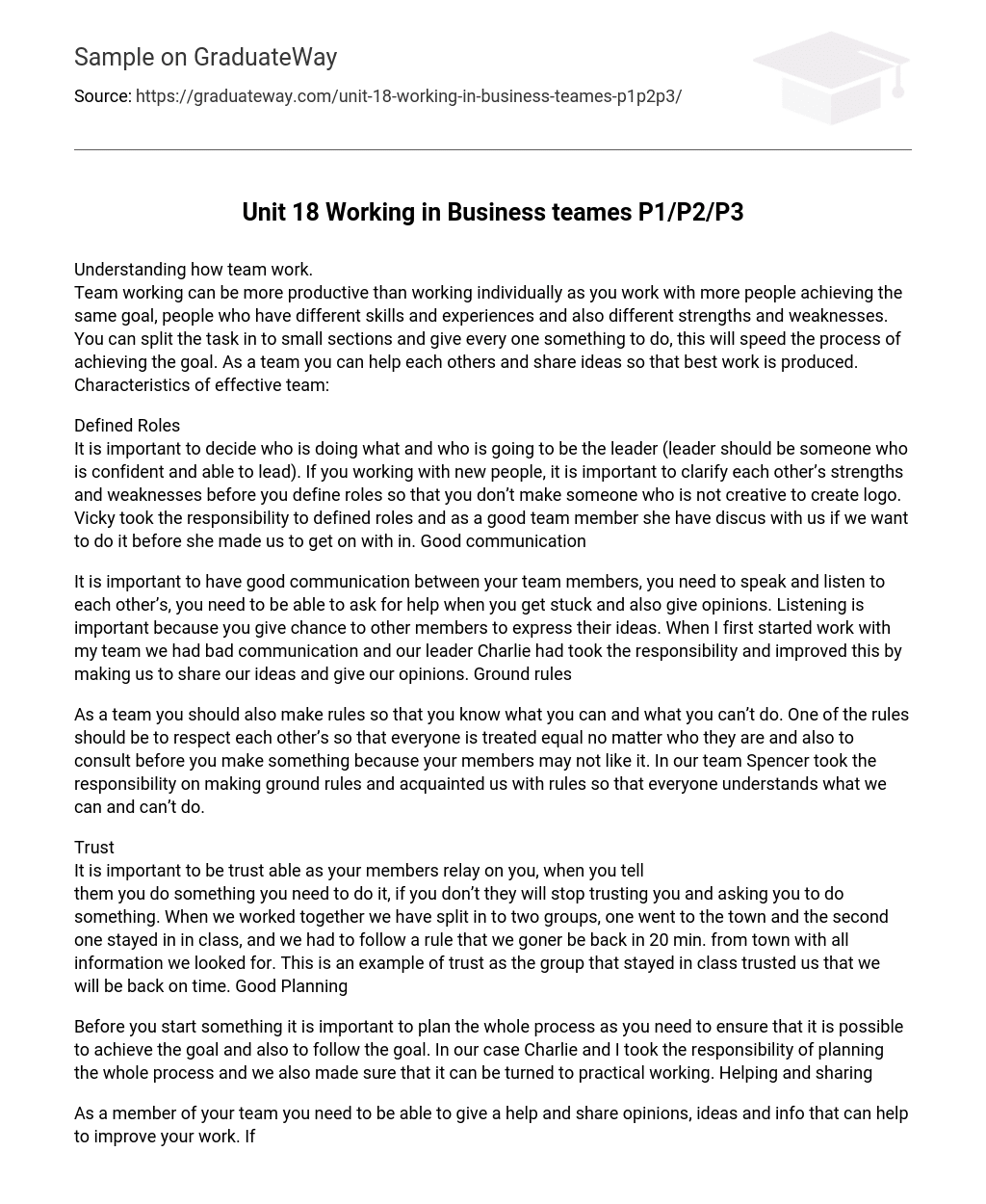 Unit 18 Working in Business teames P1/P2/P3