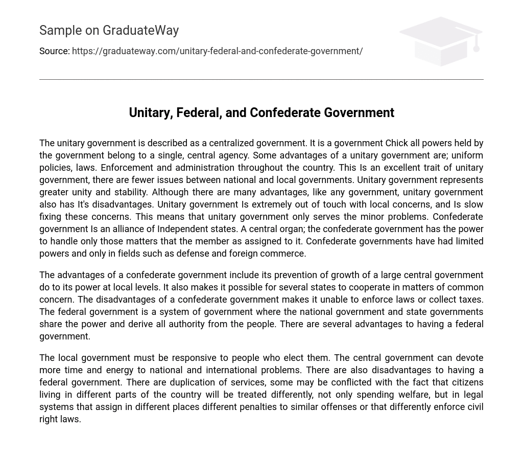 Unitary, Federal, and Confederate Government