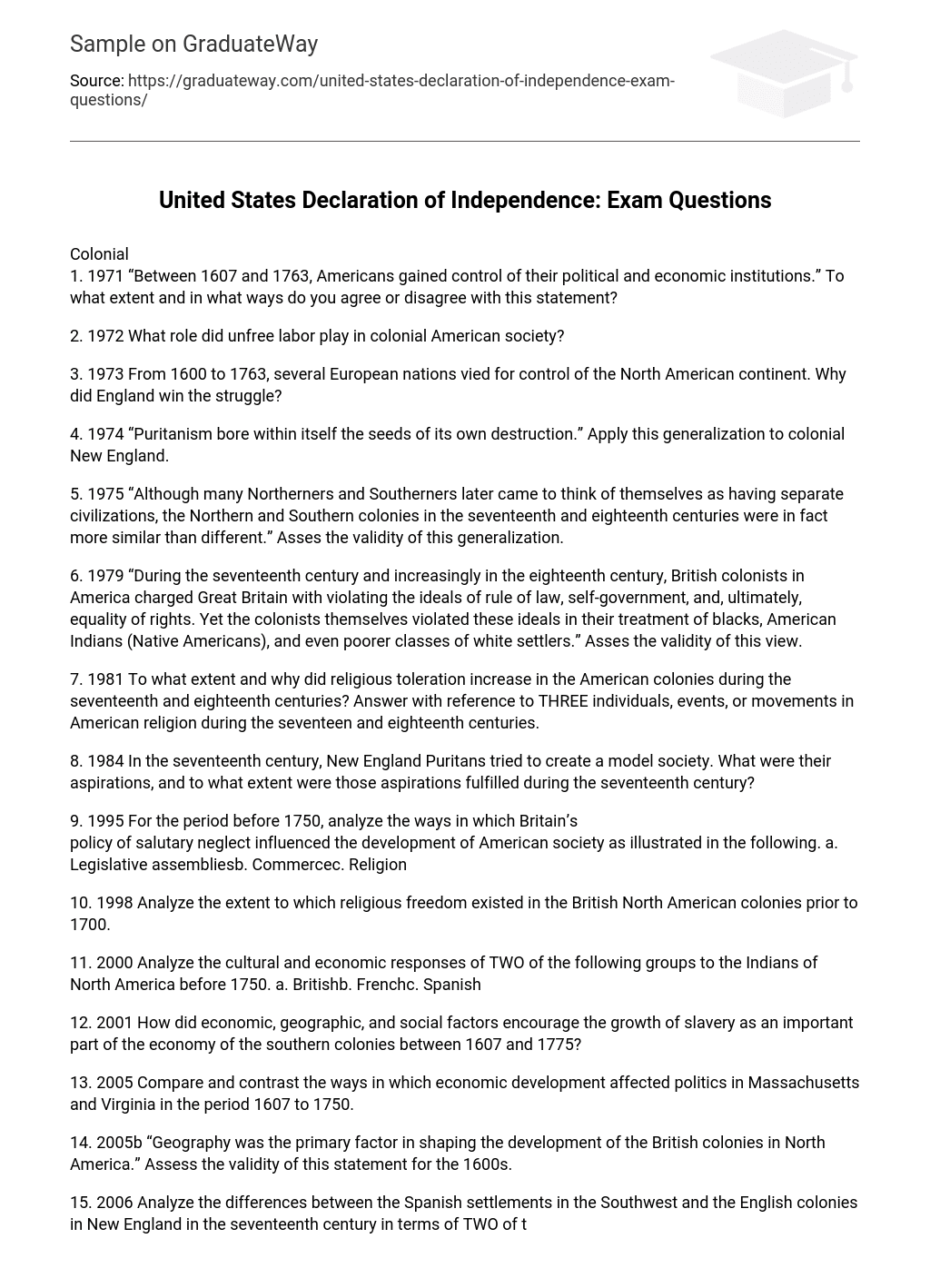 United States Declaration of Independence: Exam Questions