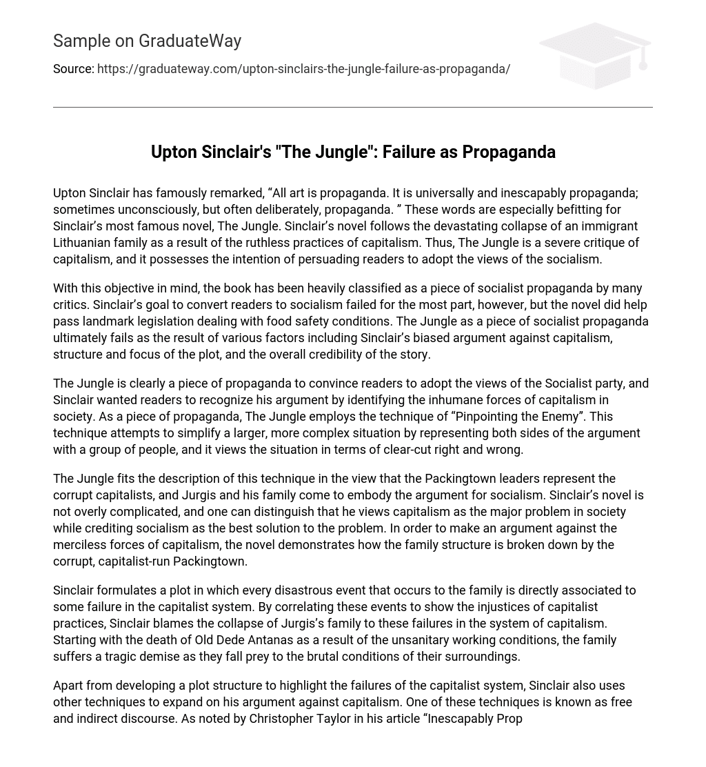 Upton Sinclair’s “The Jungle”: Failure as Propaganda