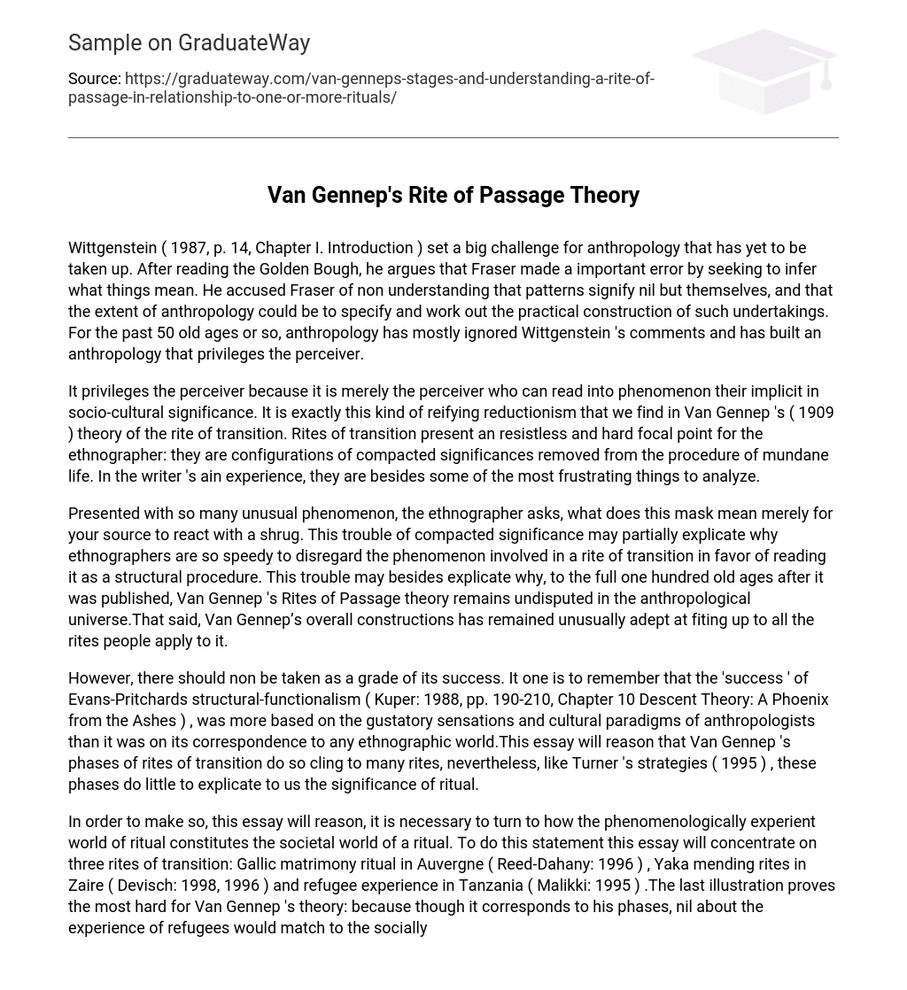 Van Gennep’s Rite of Passage Theory