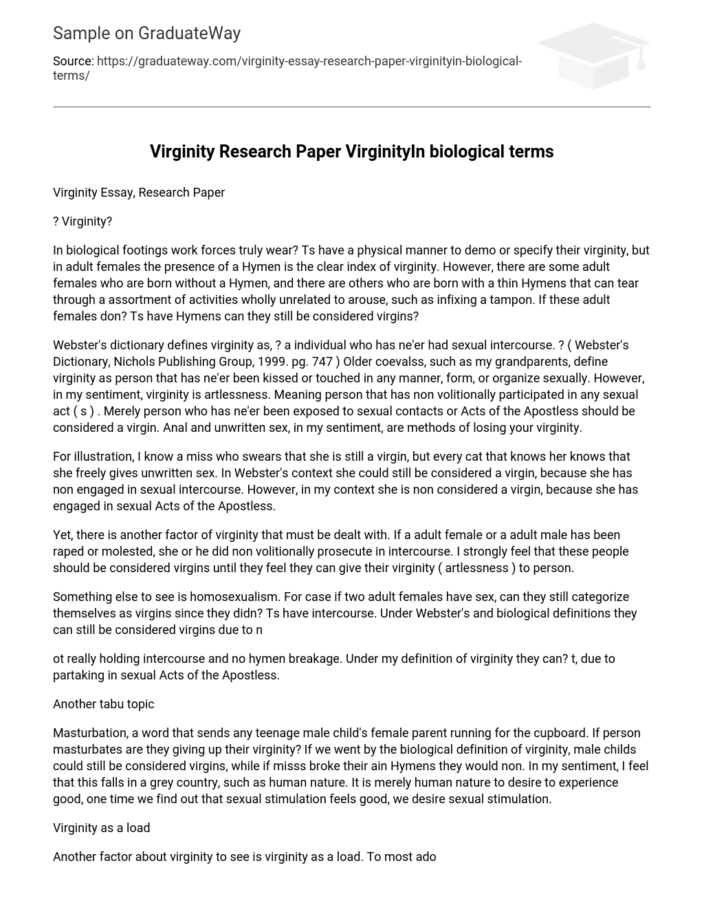 Virginity Research Paper VirginityIn biological terms