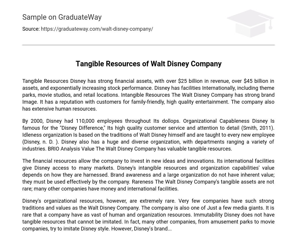 Tangible Resources of Walt Disney Company Analysis