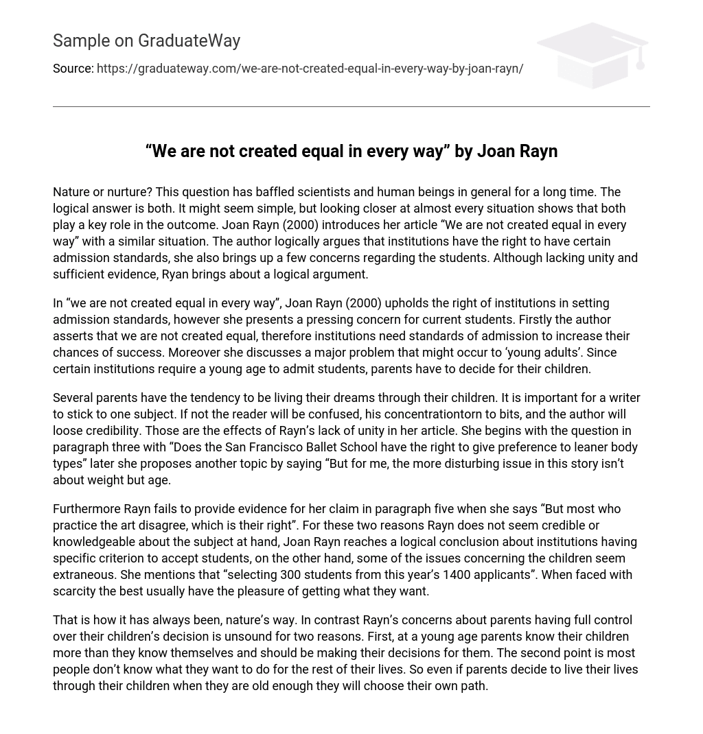 “We are not created equal in every way” by Joan Rayn