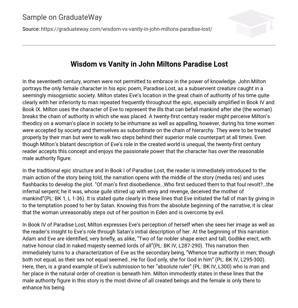 Wisdom vs Vanity in John Miltons Paradise Lost
