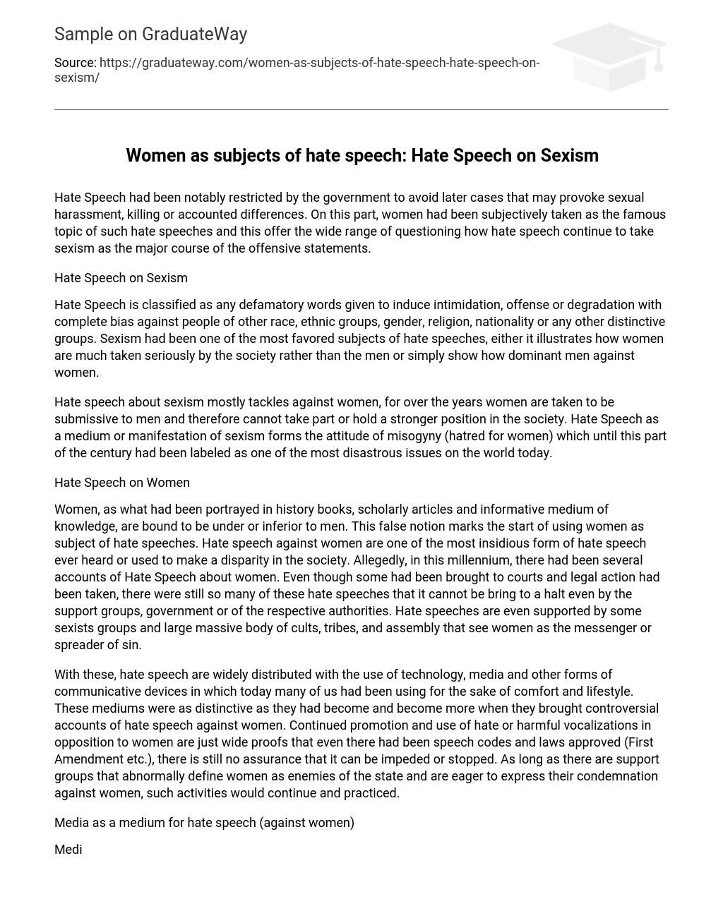 Women as subjects of hate speech: Hate Speech on Sexism