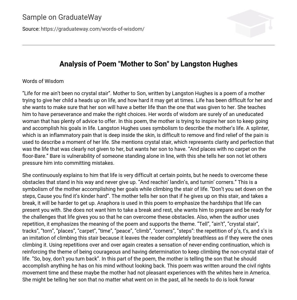 Analysis of Poem “Mother to Son” by Langston Hughes
