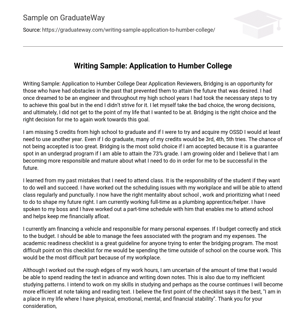 Writing Sample: Application to Humber College