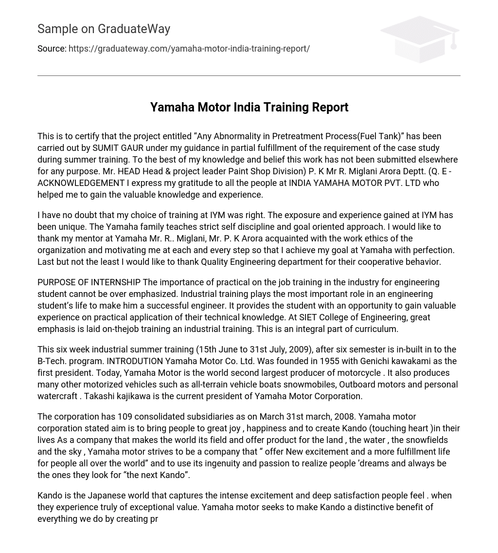 Yamaha Motor India Training Report