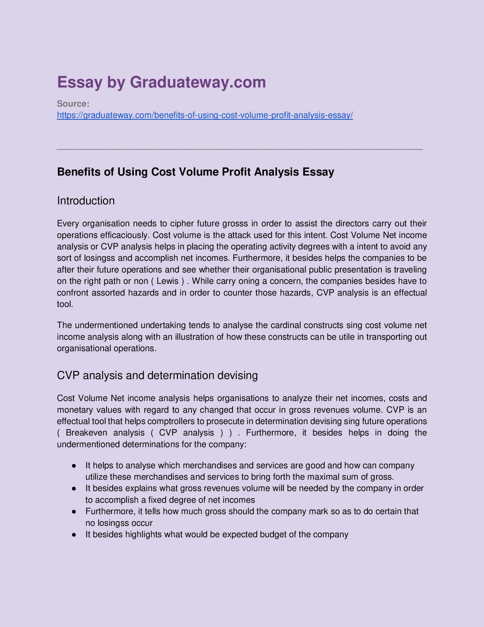 Benefits Of Using Cost Volume Profit Analysis Example Graduateway